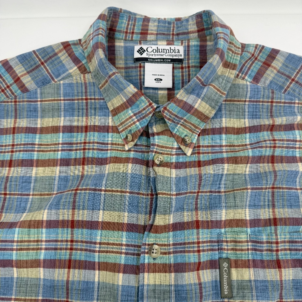 Columbia Shirt Men XXL Blue Brown Plaid Button Down Short Sleeve Outdoor